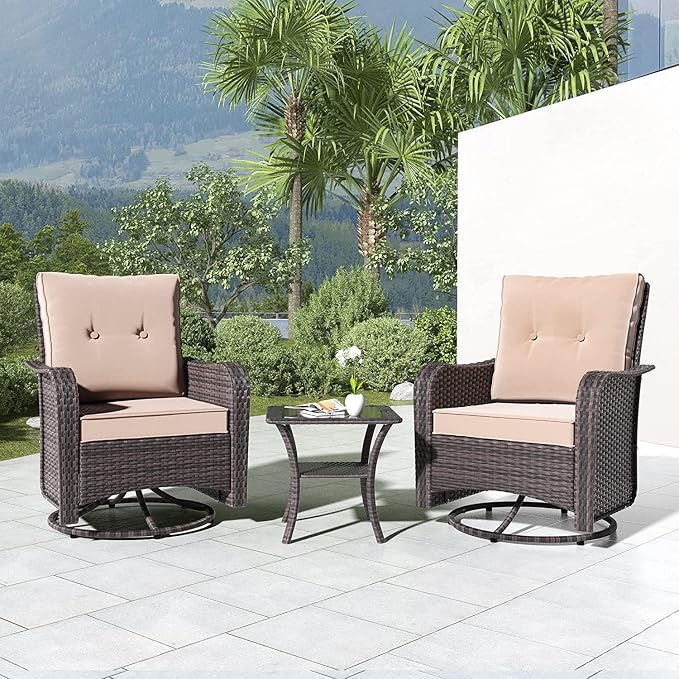 Kullavik Outdoor Swivel Chairs Set of 2,Patio Wicker Rocker Chairs with 4" Thick Cushions and Side Table,Patio Conversation Furniture Set for Patio Porch Deck Backyard,Sand
