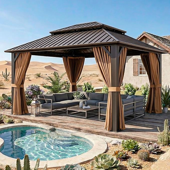12x14FT Hardtop Gazebo, Metal Frame with Double Galvanized Steel Roof, Permanent Outdoor Pergola with Curtains and Netting Included for Backyard, Patio, Lawn and Garden, Brown