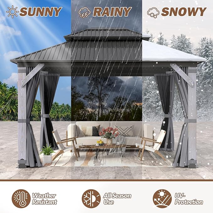 10'x12' Wood Gazebo, Outdoor Hardtop Gazebo with Wood Posts and Galvanized Steel Doule Roof, Wooden Frame Gazebos with Netting and Curtains for Patio, Backyard, Deck