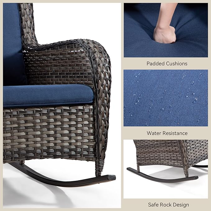 Outdoor Wicker Patio Rocking Chair - All-Weather Lawn Rocking Wicker Furniture with Alloy Steel Frame & Olefin Fabric Cushion, Blue