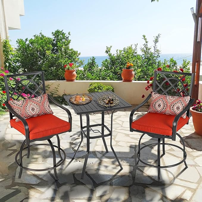 Patio Bar Table, Outdoor Bar Height Bistro Table with Umbrella Hole, Metal Frame and Slat Design, Black