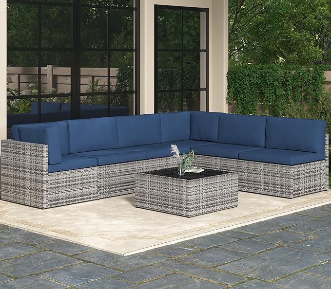 AECOJOY 7 Piece Outdoor Patio Furniture Set, Outdoor Sectional Conversation Furniture Chair with Coffee Table, Patio Sectional for Backyard, Garden(Navy Cushions and Grey PE Rattan)