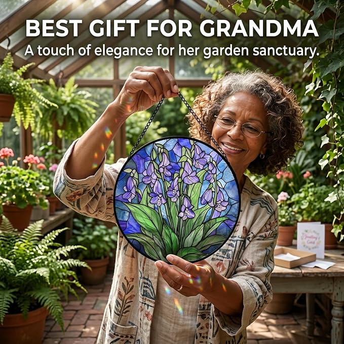 Birthday Gifts for Women - Violet Flowers Faux Stained Glass Window Hanging Sun Catcher for Door Garden Acrylic Decor Mother's Day Christmas for Mom Nana Grandma Sisters Wife 7.8"