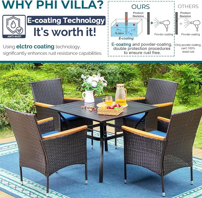 PHI VILLA 5pc Patio Dining Set with Umbrella, Square Table, Rattan Chairs | 37" Metal Table, Cushioned PE Rattan chairs, 10ft Navy Blue 3 Tier Auto-tilt Umbrella (Base Not Included)