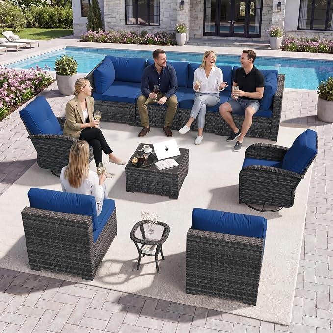 Aoxun 10 Piece Outdoor Patio Furniture Set with Coffee Table, Wicker Rattan Outdoor Furniture with High Back Swivel Rocker Chairs, Outdoor Conversation Set with Thick Cushion & Ottoman, Navy Blue
