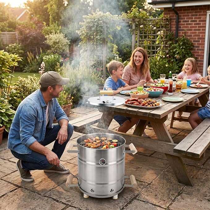 Mini Vertical Barrel Smoker & Grill Combo (6 LBS) | Food-Grade 304 Stainless Steel with Meat Hooks & Grate | Safe Rolled-Edge Design | Portable Charcoal Meat Roaster for Balcony & Backyard