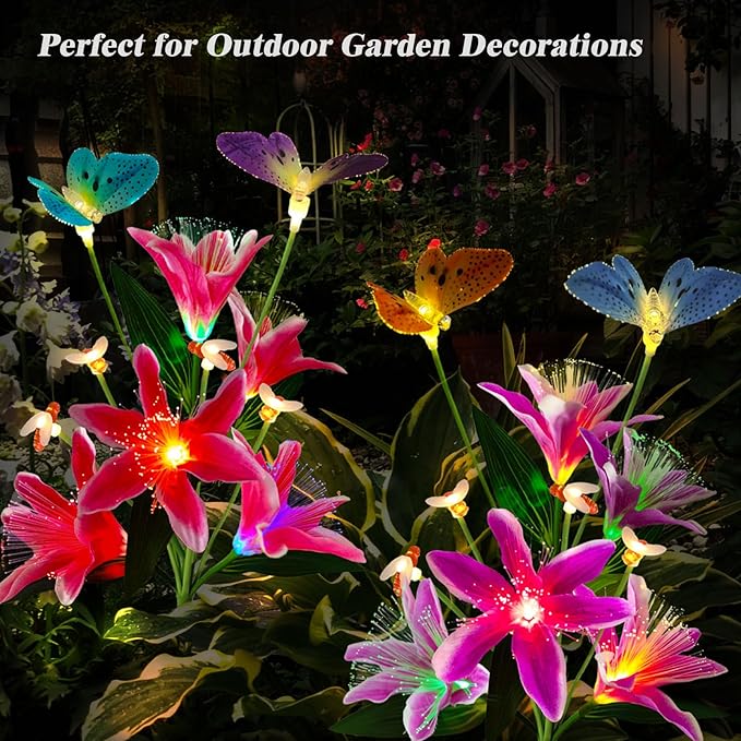 Solar Flower Lights Outdoor Garden Gifts Mother Day Decor,2Pack Color Changing Lilies Flowers with Flying Butterfly and Bee,Lily Flower Solar Lights Outside for Path Yard Patio Lawn Grave Spring Decor