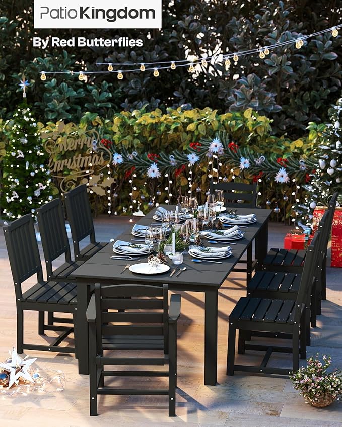 9-Piece Outdoor Dining Set for 8, 75.2'' HDPE Table with Umbrella Hole & Chairs, Weather-Resistant Patio Furniture for Lawn, Yard, Balcony, Deck (Black)