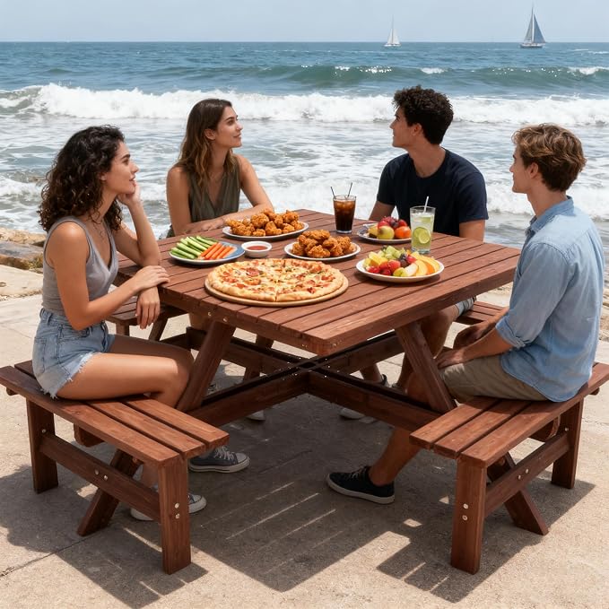 6-8 Person Square Picnic Table with Umbrella Hole Waterproof & Sturdy Cross StructureOutdoor Camping Wooden Dining Tables Set for Backyard Garden Camping Easy Clean,46.1",Brown