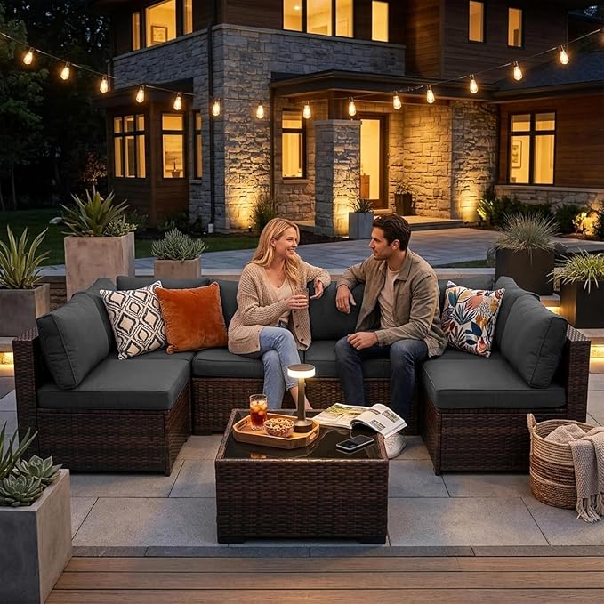 LAUSAINT HOME 7 Pieces Outdoor Patio Furniture, Outdoor Sectional Sofa Patio Furniture Sets Wicker Rattan Patio Conversation Sets with Cushion and Glass Table (Grey)