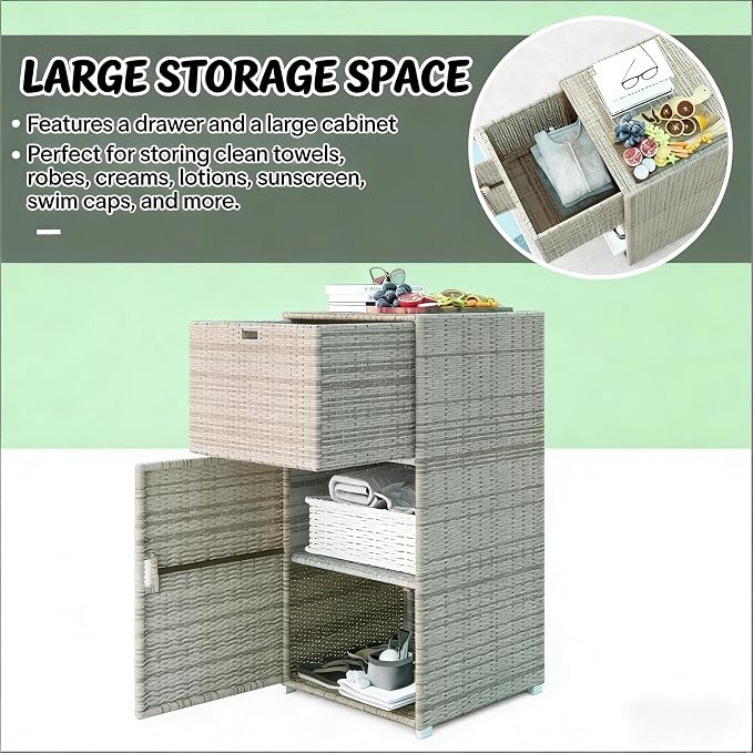 PE Rattan Outdoor Deck Box and Storage Cabinet for Patio and Poolside, Vertical Wicker Towel Rack with Drawer and Magnetic Doors for Backyard Organization, 23.6 x 23.6 x 47.2 Inches, Gray