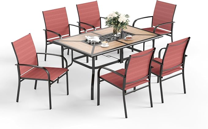 SUNSHINE VALLEY 7 Pcs Patio Dining Set for 6, Rectangular Metal Dining Table (PVC Table Top) with Umbrella Hole and 6 Chairs, Outdoor Dining Set for Lawn Garden Deck, Red