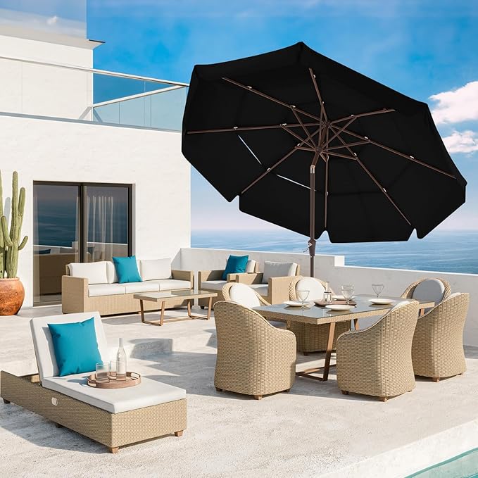 JEAREY 3 Tiers 9 FT Patio Umbrellas Outdoor Table Umbrella with Push Button Market Umbrella 8 Sturdy Ribs UV Protection Waterproof for Garden,Black