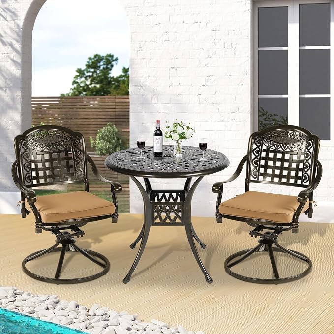 3-Piece Outdoor Patio Dining Set, All-Weather Cast Aluminum Patio Furniture Set for Backyard Garden Deck with 2 Swivel Cushioned Chairs and 31” Round Table, 2" Umbrella Hole, Khaki