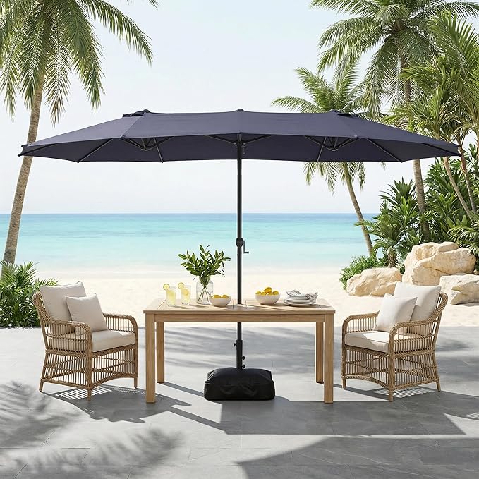 15FT Large Double Sided Patio Umbrella with Base, Aluminum Crank and Heavy Duty Carbon Steel Ribs Outdoor Umbrellas, Fade Resistant Rectangular Market Umbrella for Garden, Patio, Restaurant, Business, Deck, Backyard, Navy Blue