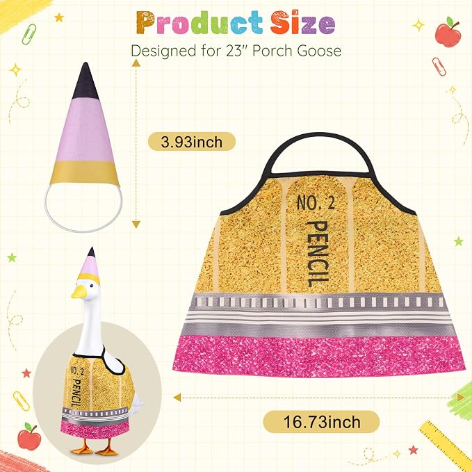 Cute Pencil Goose Outfits, 23” Back to School Porch Goose Outfit with Matching Hat, First Day of School Goose Costume for Classroom School Decor, Outdoor Lawn, Yard, Patio