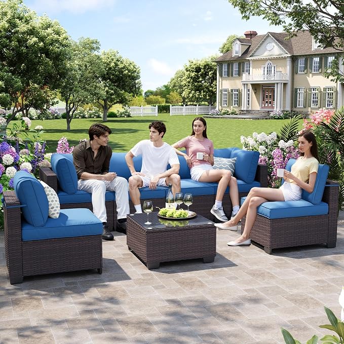 7-Piece Outdoor Patio Furniture Set, 6-Seat All-Weather PE Rattan Wicker Patio Sectional Furniture Set with Coffee Table, 450 lb Capacity