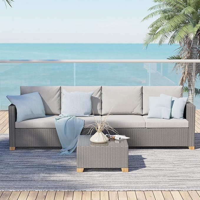 Grand patio Outdoor Conversation Set with Wicker Armrest,Wicker Patio Furniture Set,Modular Sectional Sofa Set with Thick Cushions for Backyard Garden Poolside (Right Armrest Loveseat, Light Gray)