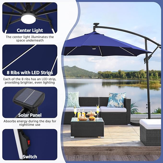 Yaheetech 10 FT Solar Powered LED Patio Umbrella Outdoor Cantilever Umbrella, UV Protection & Windproof, Offset Hanging Sunshade w/Strip Lights & Hub Light for Backyard Garden Pool