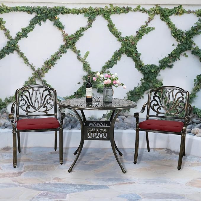 VIVIJASON 3-Piece Patio Bistro Sets, All-Weather Cast Aluminum Bistro Table Set Outdoor Patio Furniture, Include 2 Cushioned Chairs and 35.4" Round Table, 2" Umbrella Hole, Red Cushion