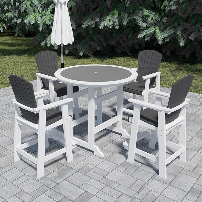 JUSTONE 5 Pcs Outdoor Patio Bar Stools Set, 4 Bar Stools and Table with Umbrella Hole, All-Weather Patio Bistro Set,Outdoor Bistro Set for Lawn Garden, Balcony,HDPE Material (5-Pcs, Grey and White)