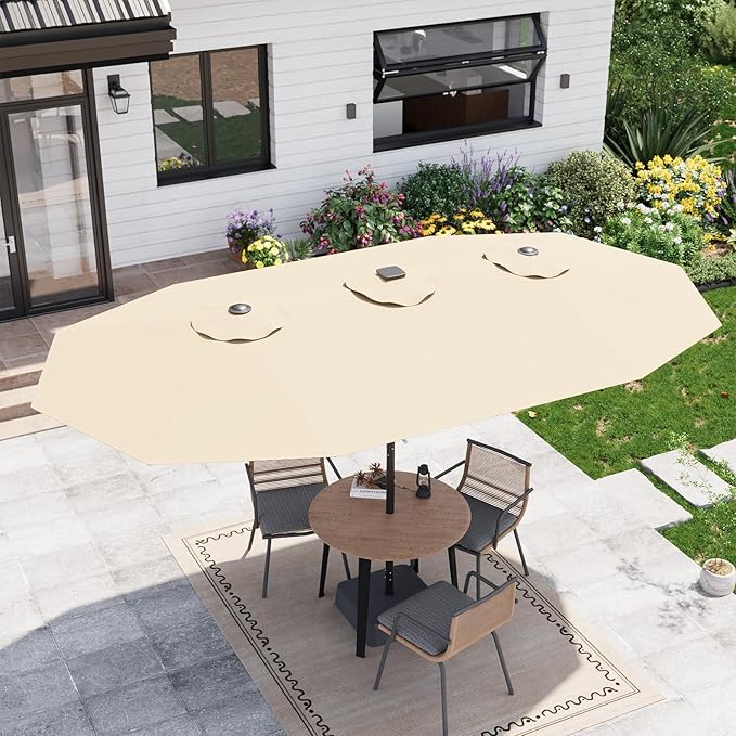 Garvee 15FT Rectangular Patio Umbrella with Solar Lights & Base Included - Large Patio Umbrella with Crank Handle 48 LED Lights, UV Protection for Outdoor Market, Backyard, Deck, Poolside, Khaki