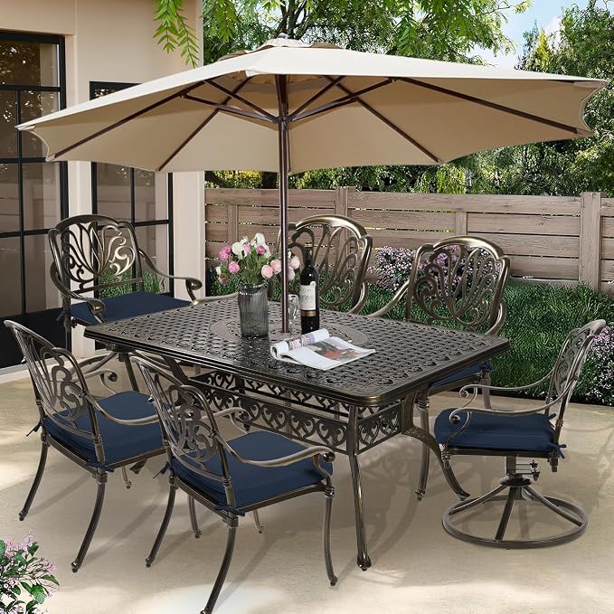 7-Piece Outdoor Patio Dining Set, 60” Rectangular Cast Aluminum Dining Table with Umbrella Hole and 4 Stationary, 2 Swivel Rocker Chairs, 6 Cushioned, Backyard, Patio, Garden, Navy