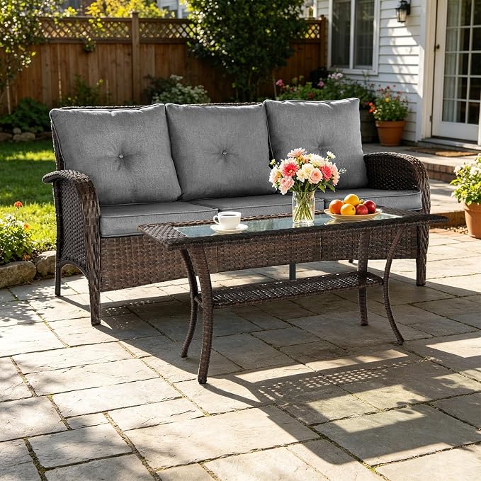 SHGJ&SOFT All Weather Patio Furniture Set, High Back Swivel Rocker Glider Chairs,Ottomans & Glass Tables, Outdoor Conversation Set for Deck Porch Yard Poolside (Grey, 2PCS-Sofa&Table)