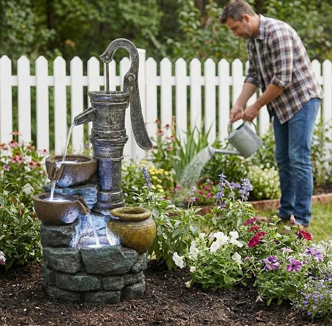 32.3" Water Fountain Outdoor with LED Lights, Vintage Style Waterfall Fountains with Pump, Floor-Standing Resin Water Feature for Garden Patio Backyard Deck Porch Home Decor (Grey-32.3" H Pump)