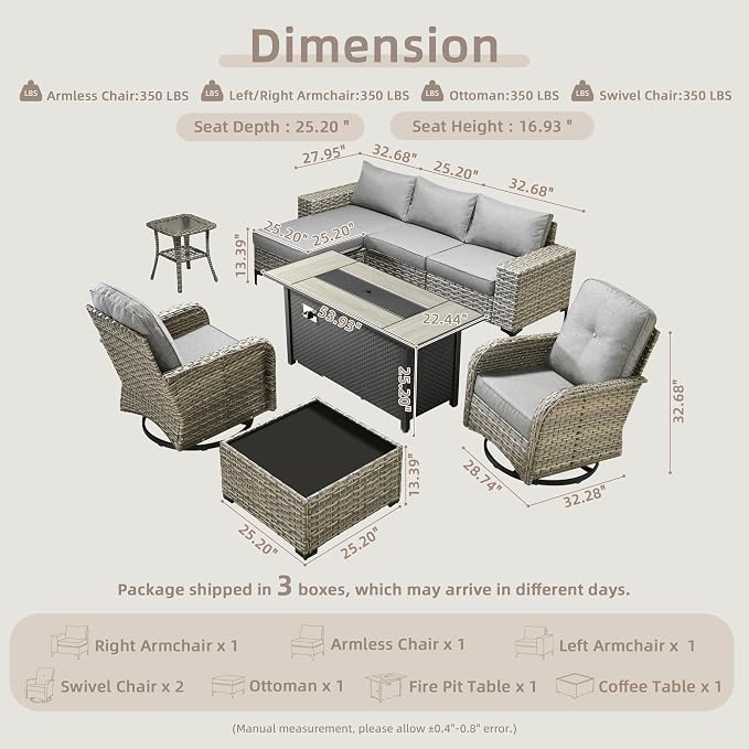 Outdoor Sectional Patio Furniture Set with Fire Pit Table,8 Pieces Wicker Conversation Sets L Shaped Couch,Extra Deep Out Door Sofa Outside Furniture with Swivel Chairs,Dark Gray