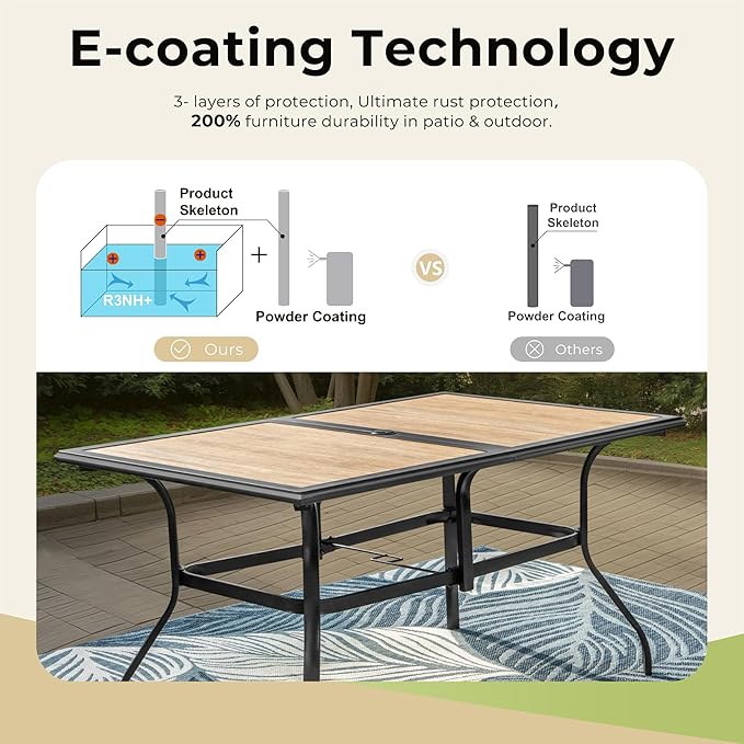 MIXPATIO 7 Pieces Patio Table and Chairs Set, Outdoor Dining Furniture Set for 6, 6 Brown Textilene Chairs and 61" Wood-Like Table Top with Umbrella Hole, for Deck Backyard Lawn