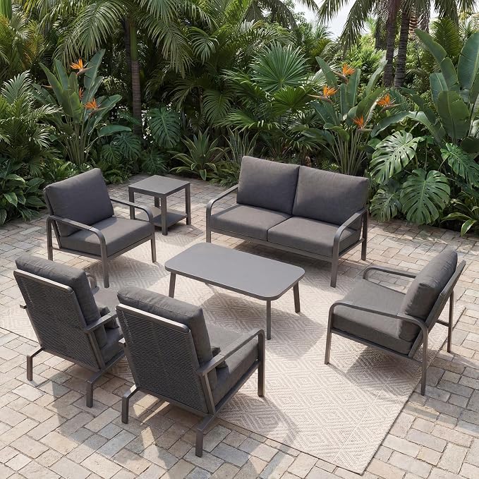 7 Piece Aluminum Patio Furniture Set, Outdoor Conversation Set with Sofa, Loveseat, Lounge Chairs & Coffee Tables, Modern Garden Furniture for Backyard Porch Balcony Deck