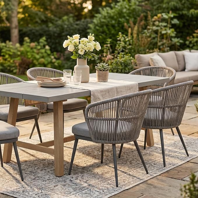 SUNSITT 7 Piece Outdoor Patio Dining Set, Patio Dining Furniture Set with 76” Aluminum Dining Table w/Umbrella Hole and 6 Woven Wicker Outdoor Patio Chairs w/Removable Cushions for Garden, Dark Grey