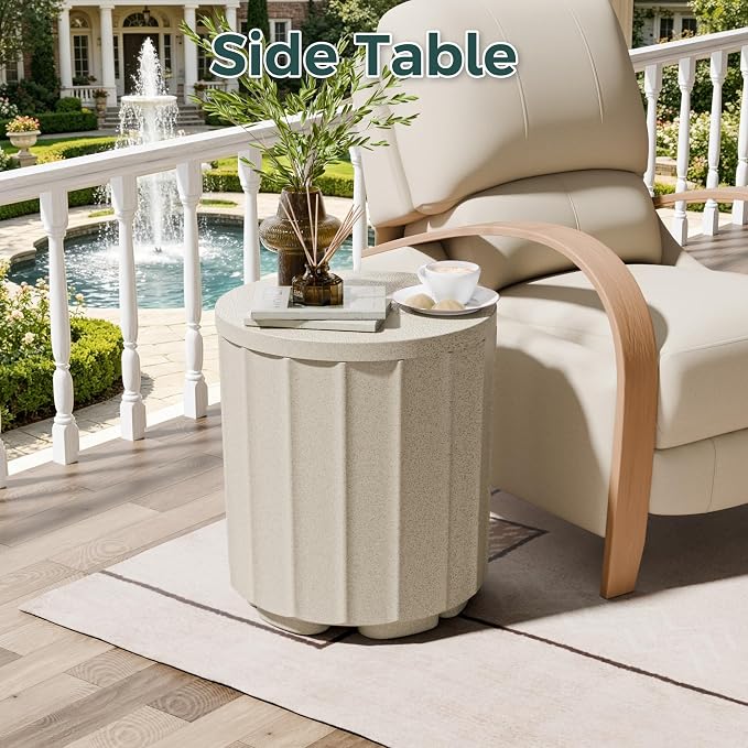 Umbrella Side Table, Outdoor Sturdy 2-in-1 Umbrella Base & Side Table, Wind-Resistant with Leak-Proof Water Bladder, Patio in Pool Umbrella Stand, No Rust Stains, Easy Assembly, Beige