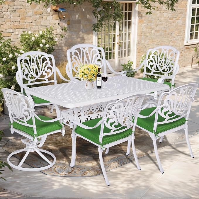 7-Piece Outdoor Patio Dining Set, 60” Rectangular Cast Aluminum Dining Table with Umbrella Hole and 4 Stationary, 2 Swivel Rocker Chairs, 6 Cushioned, Backyard, Patio, Garden, White