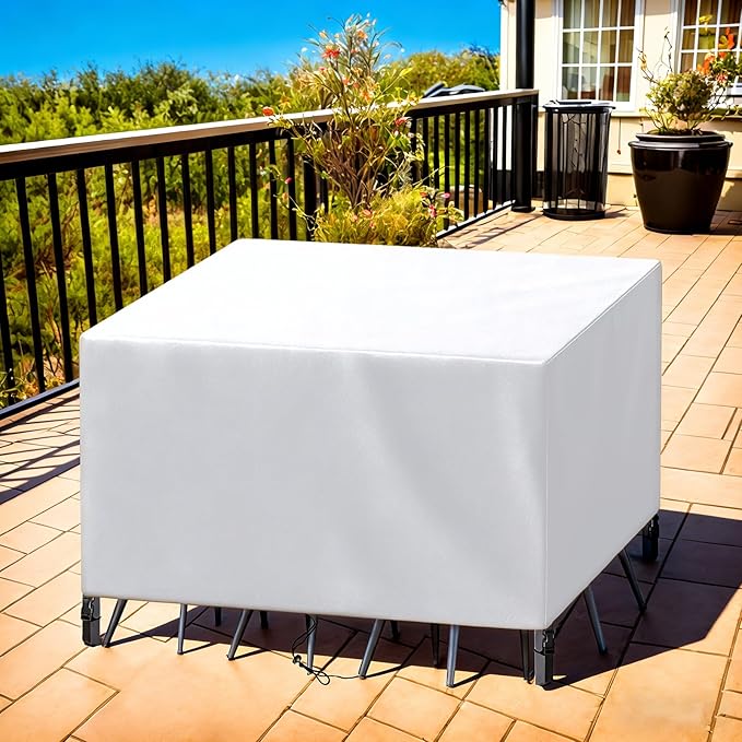 Patio Furniture Cover Rectangle 80"(L) x 48"(W) x 30"(H), Custom Heavy Duty 420D Waterproof Outdoor Cover with Drawstring & Buckles for Table Chair Garden, Silver