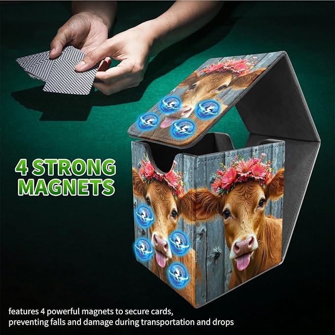 Pink Flower Cow Card Deck Box for MTG, Personalized Card Storage Case Fits 120+ Sleeved Cards, Premium Leather TCG Box with Strong Magnetic Closure for Magic, CCG, PTCG, Baseball Cards