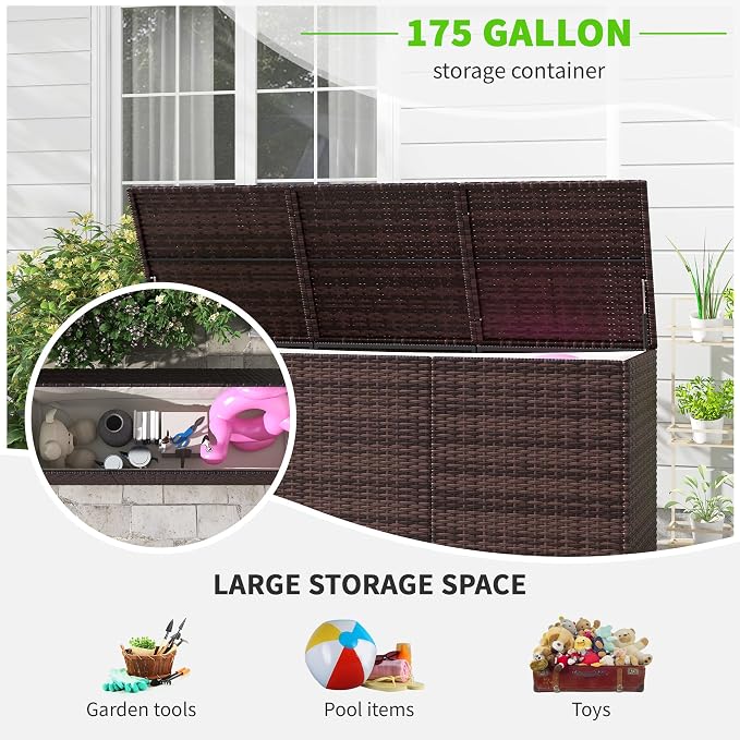 175 Gallon Outdoor Storage Box with Inner Liner, PE Rattan Wicker Deck Box with Bar Lift for Indoor Outdoor, Patio Furniture Cushions, Pool Toys, Garden Tools, Mixed Brown