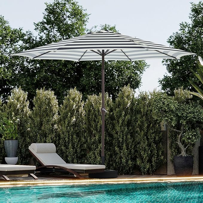 JEAREY 12' Patio Umbrellas Outdoor Table Market Umbrella w/Crank, 8 Sturdy Ribs, UV Protection Windproof for Garden, Deck, Backyard, Pool(Beige & Black Striped)