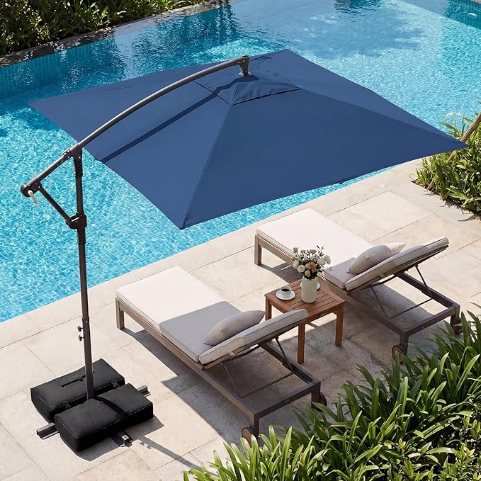 Tangkula 8x8 FT Patio Umbrella with Base Included, Square Offset Cantilever Outdoor Umbrella with 360 Degree Rotation, Crank Handle, Sandbags, 8 Ribs for Pool Deck Garden Backyard