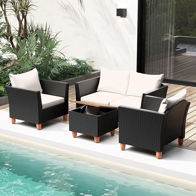 Tangkula 8 Piece Outdoor Conversation Set, Patio Cushioned Chairs w/Storage Coffee Table, Acacia Wood Tabletop & Chair Legs, Patio Wicker Furniture Set for Poolside, Lawn, Porch (2, Off White)
