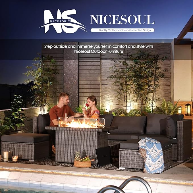 NICESOUL 11 Piece Outdoor Furniture Set with Firepit, Luxury Big 10-Person Patio Sectional, Chill 29.3'' High-Back Backyard Seating Area, All-Weather Rattan Couch Set for Outside, Deck, Dark Grey