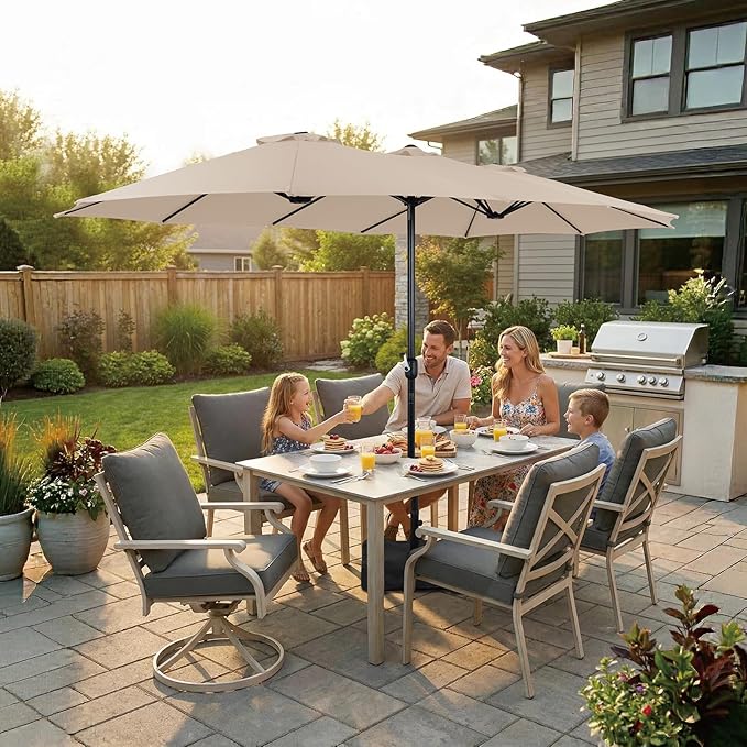 15FT Extra Large Patio Umbrella with Base Included, Heavy Duty Rectangle Outdoor Market Umbrella with 12 Strong Ribs for Patio, Garden, Lawn, Deck & Pool