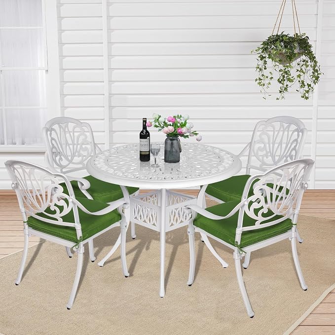 5-Piece Outdoor Patio Dining Set, All-Weather Cast Aluminum Patio Table Set, Include 4 Cushioned Chairs and a 35.4 inch Round Table w/Umbrella Hole for Balcony Garden Backyard, Green