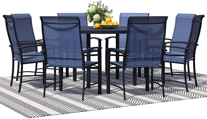 9-Piece Outdoor Dining Set for 8 – 60" Black Round Patio Table with Umbrella Hole & 8 Blue Outdoor Dining Chairs with Armrests, Large Poolside Furniture