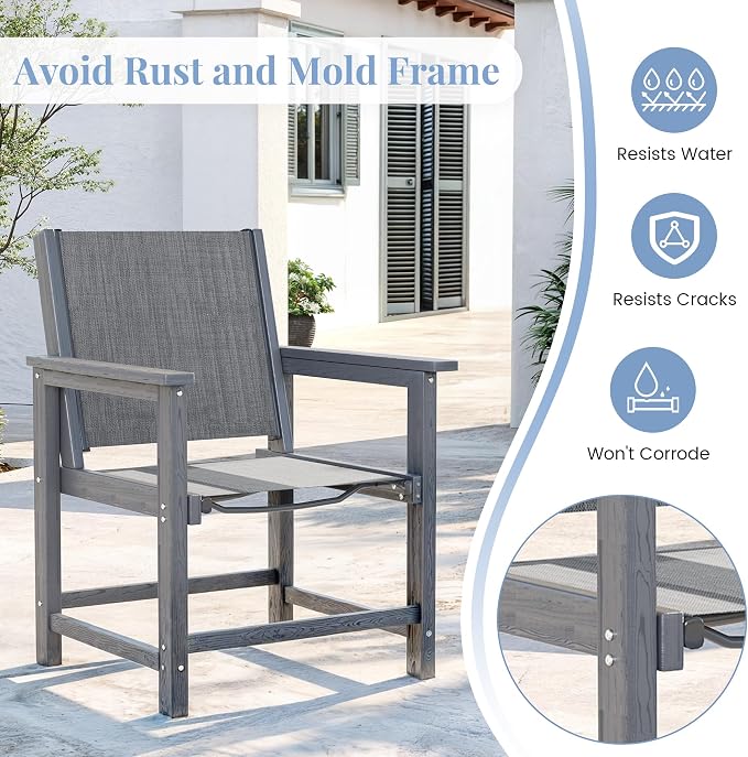 Amopatio Outdoor HDPE Dining Chairs Set of 4 All-Weather Patio Chairs with Textilene Backrest Heavy Duty for Porch Backyard Deck Lawn Garden, Gray