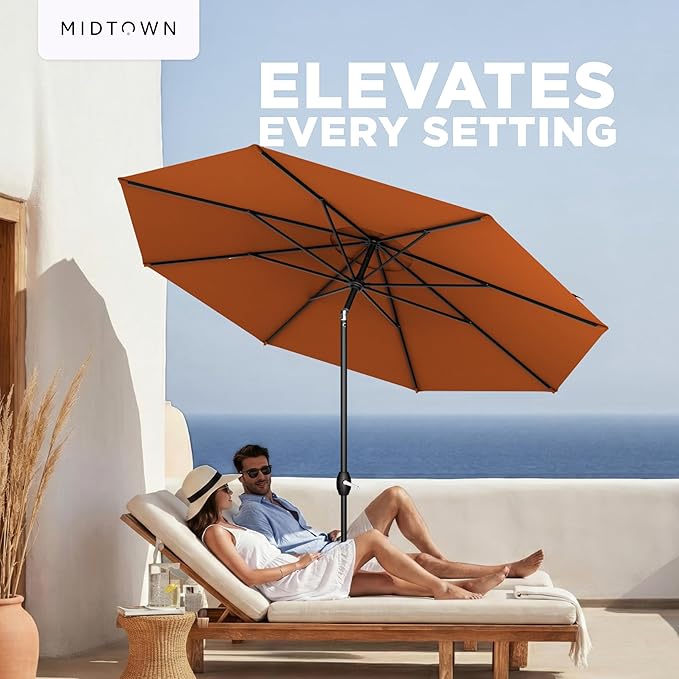 Midtown Umbrellas – The Lean 8 Ft Patio Umbrella with 10-Year-No-Fade Acrylast Acrylic Fabric, Auto-Tilt and 8 Reinforced Ribs for Deck, Pool, Garden, Hotel & Cafes – Sienna Rust Canopy, Black Pole