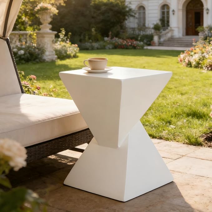 Merax Modern Concrete Side Table with Hourglass Design - Hand-Painted Wood Finish Accenttable for Indoor/Outdoor, White