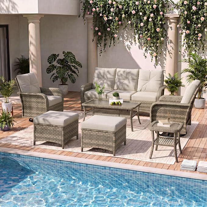 LazySunsets 9-Piece Outdoor Patio Furniture Set with Coffee Table, Wicker Rattan Outdoor Furniture with High Back Swivel Rocker Chairs, Outdoor Conversation Sets with Thick Cushions & Ottoman, Grey