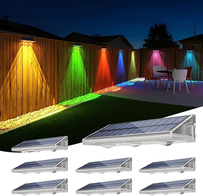 YiLaie Solar Fence Lights Outdoor - Warm White & RGB 6 Color, Solar Lights Outdoor IP67 Waterproof, Garden Lights for Outside/Backyard/Railing/Step/Patio/Wall (8 Pack)